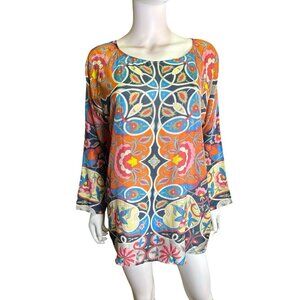 Johnny Was Lentine Scarf Print Silk Multicolor Tunic Top Oversized Sz Small EUC